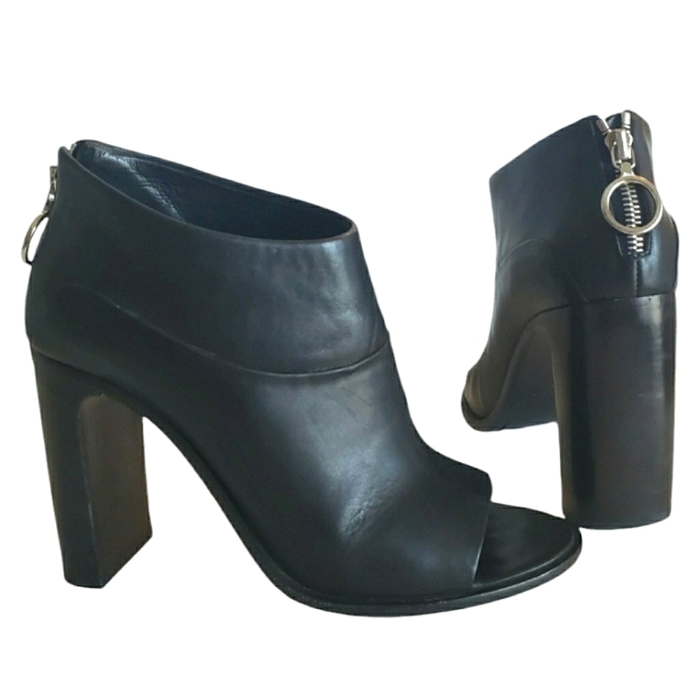 rag & bone Black Leather Peep-Toe Block Heel Ankle Booties